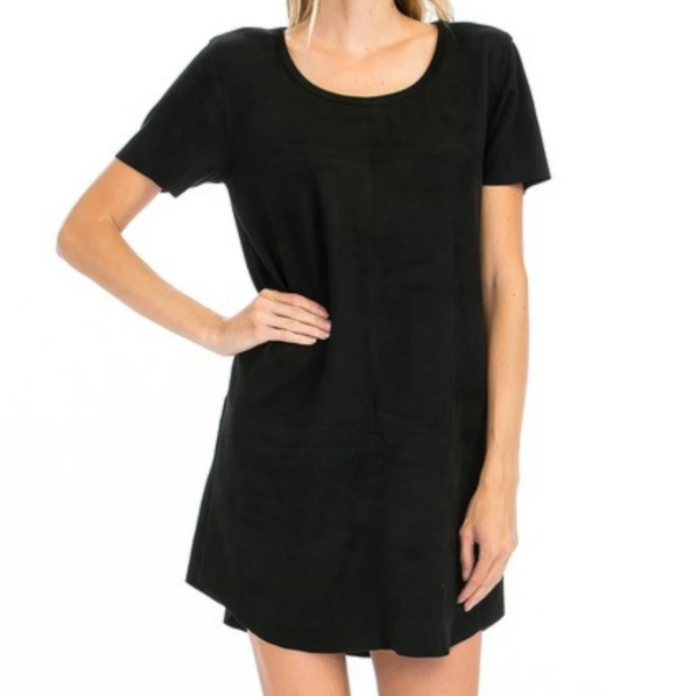 OLIVACEOUS PANELED BLACK FAUX SUEDE DRESS